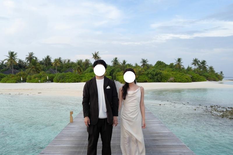 二人で桟橋でセルフで写真を撮りました。リゾート内どこに行っても映えるので、お気に入りショットがたくさんです!