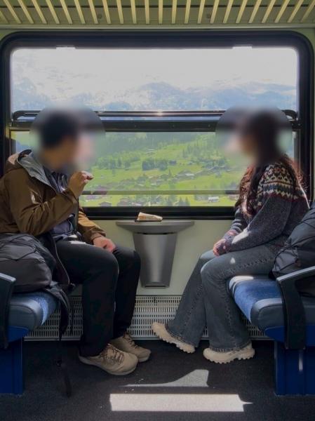 スイスの列車では1等車のパスチケットを利用。1等車の特権で、空いている席でゆったりと列車の旅!