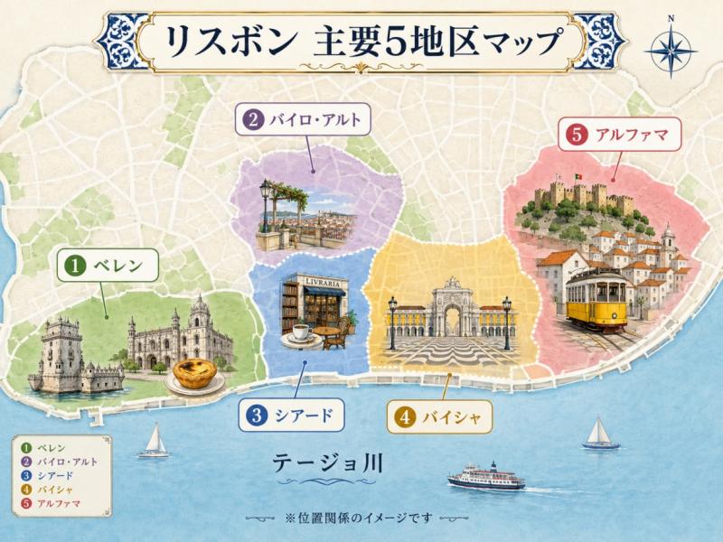 1. ベレン地区世界遺産が集まる、大航海時代ゆかりの地区2. バイロ・アルト地区レストランやバーが集まる夜もにぎやかな街3. シアード地区現存する世界最古の書店もある、文化と買い物の街4. バイシャ地区広場やショップが集まる観光の中心エリア5. アルファマ地区坂道と細い路地が続く、中世の街並みが残る下町