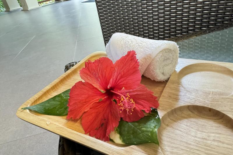 冷たいおしぼりには、素敵なお花が添えられていました