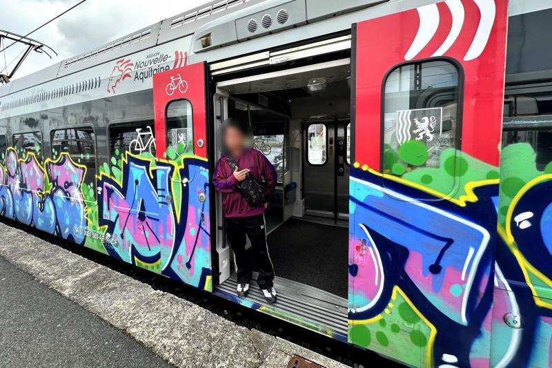 電車でバイヨンヌへ。電車の落書きもアートに感じます