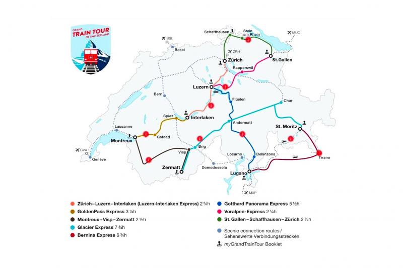 スイス グランド トレインツアー ルートマップ（©SwitzerlandTourism）