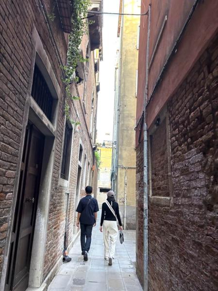 ベネチアの裏路地。ガイドさんに知る人ぞ知る抜け道を教えてもらいました！ 人気が少なく異国情緒たっぷりな壁に囲まれた雰囲気にため息の連続でした