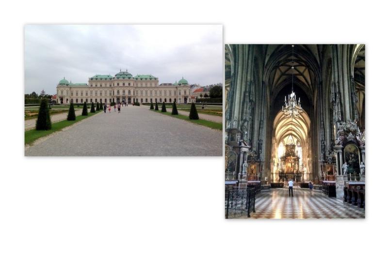 写真左：ウィーンの森に佇むシェーンブルン宮殿/写真右：こちらはゴシック様式のシュテファン寺院