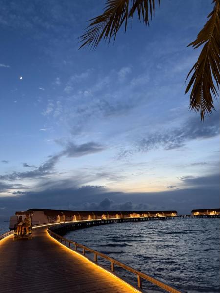 念願の水上ヴィラ！！ 昼も素敵ですが、夜もライトアップされてきれいでした