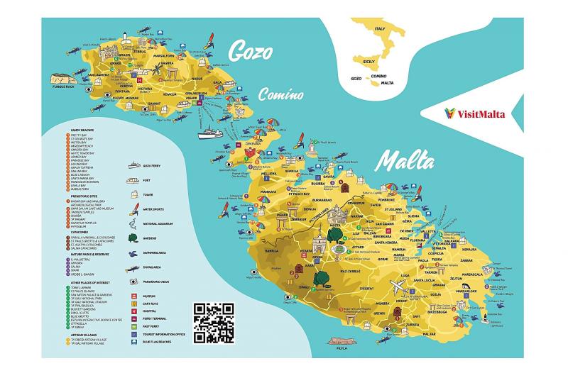 マルタの地図（マルタ島、コミノ島、ゴゾ島の3つの島で構成）