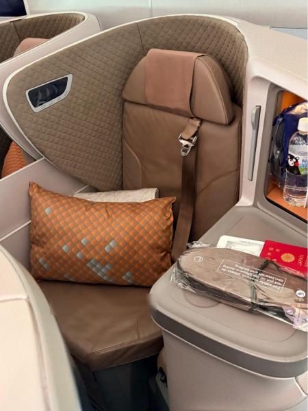 シンガポール航空のビジネスクラスシート。フルフラットになって寝られます