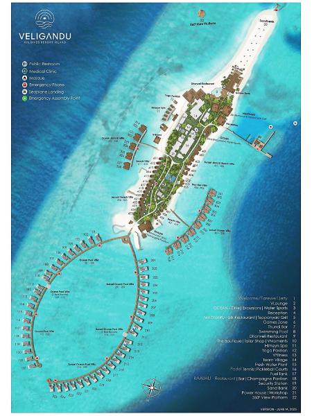 リゾートの下の方の円形の桟橋になっている右側（201～225）が「サンセットオーシャンプールヴィラ」、左側（101～122）が「オーシャンプールヴィラ」、ビーチから続く右側（301～318）が「サンセットオーシャンヴィラ」、左側（319～328）が「オーシャンジャグジーヴィラ」となっています。オーシャンジャグジーヴィラは、シュノーケリングスポットに近い点では良いですが、お部屋の目の前の波消しのブロックがかなり気になるため、それ以外の水上ヴィラでのご滞在をおすすめいたします。