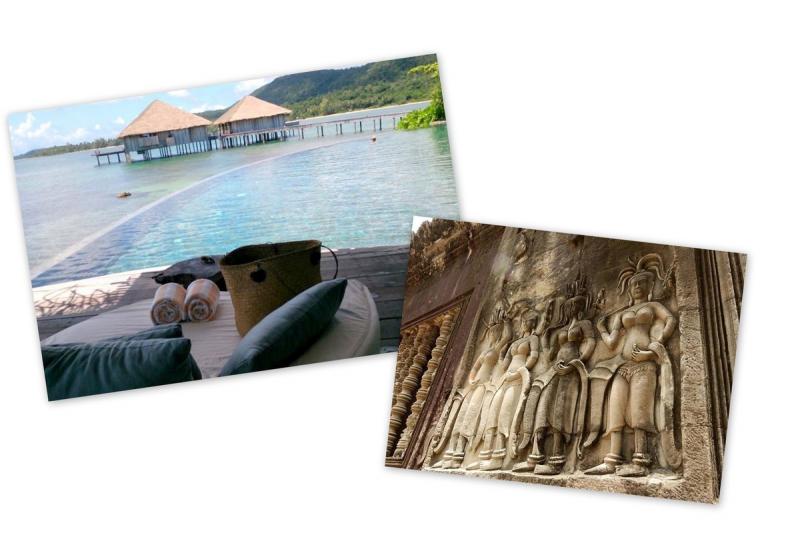 左の写真：ソンサープライベートアイランド。カバナで読書・・・　右の写真：シェムリアップ　アンコールワットの壁画