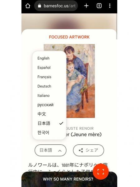 館内案内の音声ガイドはありませんが、美術館のホームページから「バーンズ フォーカス（Barnes Focus）」を開き、日本語を選択すると、作品にスマホをかざすだけで、展示されているすべての作品の解説を日本語で見ることができます。