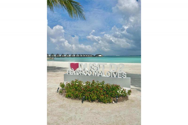 モルディブの海を背景に、D2オブジェも映えています