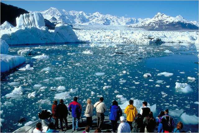 Visitors on tour boat deck looking at Columbia Glacier　Photo by: Clark Mishler