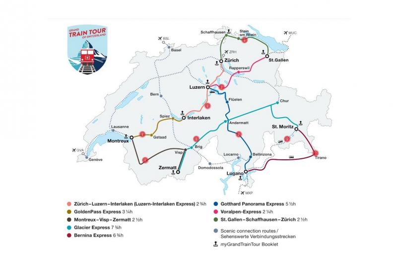スイス グランド トレインツアー ルートマップ（©SwitzerlandTourism）