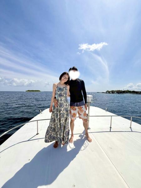 ドルフィンクルーズ中に撮ってもらいました♪　1時間探し回って最後に奇跡的にイルカに出会えました