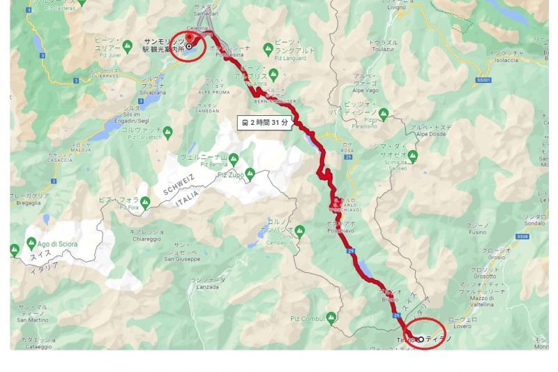 右下の赤い丸で囲ったところがティラーノ、左上の赤い丸で囲ったところがサンモリッツで、この2つを結ぶ赤い線がベルニナ エクスプレスのルートです（©SwitzerlandTourism）。世界遺産の絶景を走る、ベルニナ線区間の乗車時間は約2時間半です。