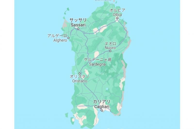 サルデーニャ島のマップ。最初にカリアリに入り、そこから北上しオルビアへ