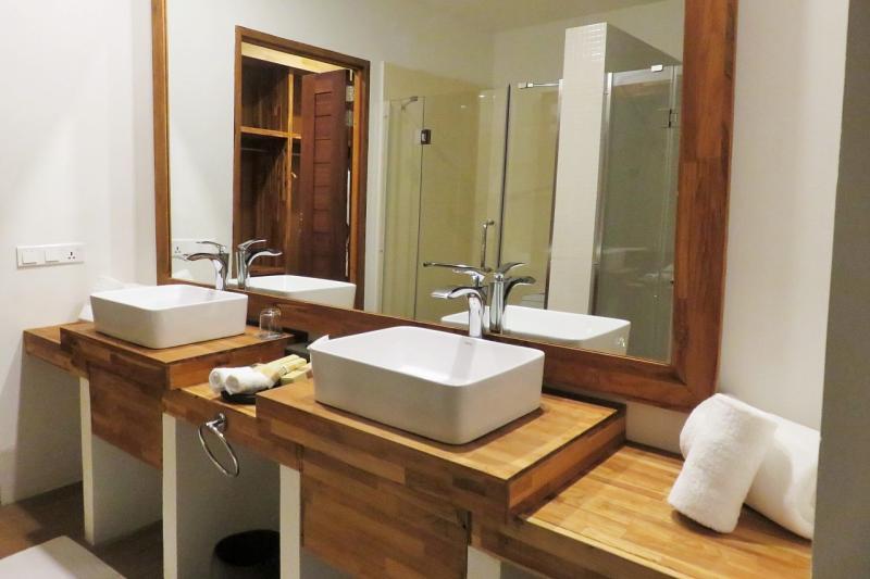 洗面所はダブルシンクで便利、かつ大きな鏡もあって非常に使いやすくできています