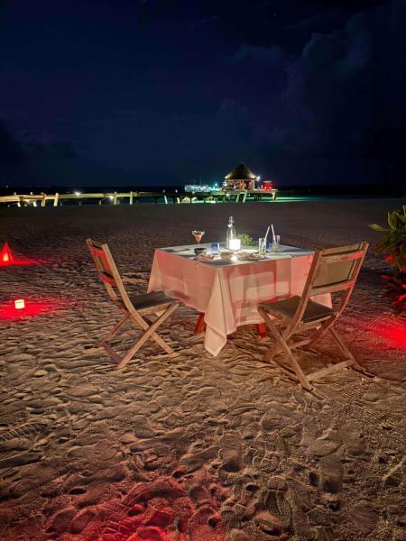 ビーチディナー！ みんな赤いライトで照らされていたけど、見づらくてライトの色をスタッフが変えてくれました（笑）