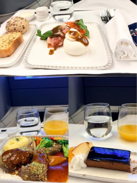 機内食。前菜、メイン、デザートのコース料理。どれもおいしかった！