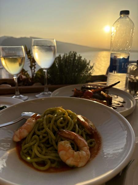 エーゲ海に沈む夕日を眺めながら、新鮮なシーフードとサントリーニワインに舌鼓（サントリーニ島）