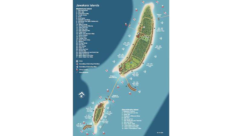 ジャワカラ モルディブのリゾートマップ（上の島がマービン島、下の島がデール島）