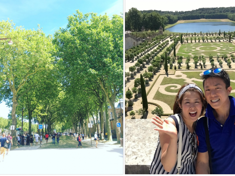 左：ベルサイユ宮殿に行くまでの並木道、ハートに見えます！右：ヴェルサイユ宮殿の庭園