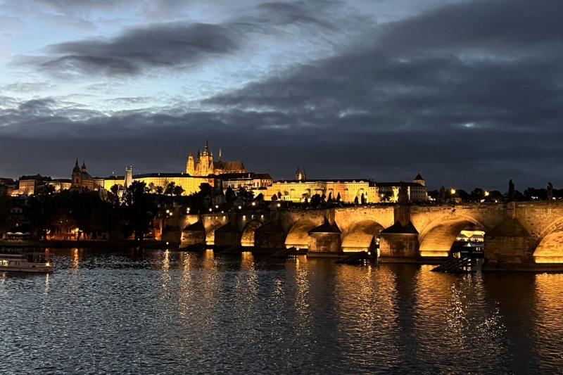 夜のプラハ城とカレル橋