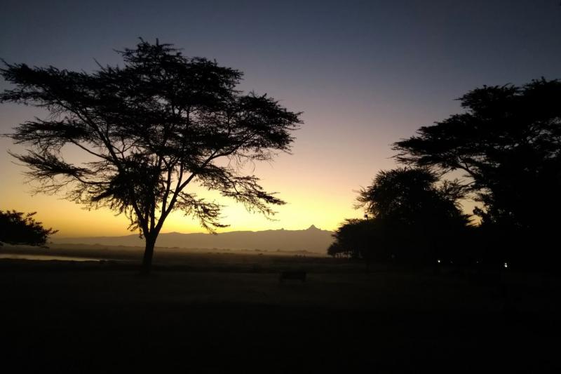 テント前の景色。朝焼けに浮かぶ美しい山はケニア山（標高5,199m）