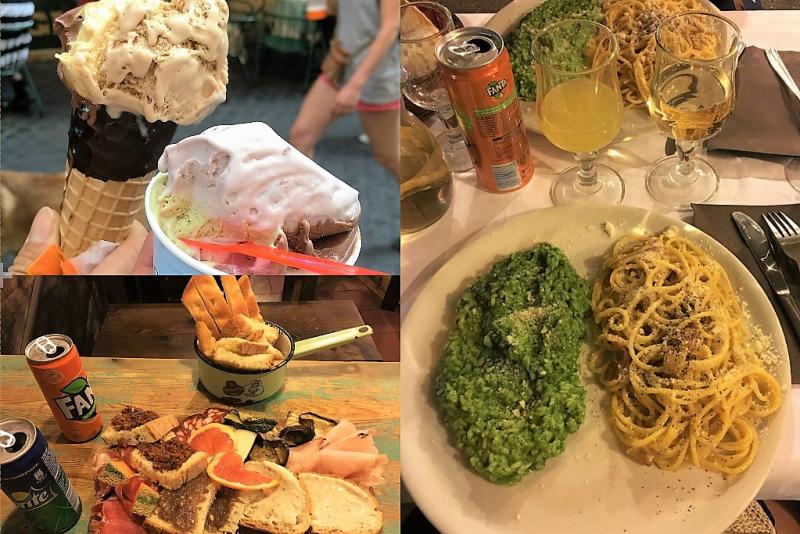 ローマでの食事左上：人気店ジョリッティのジェラート左下：美味しいハムのお店右：Due Colonne（グリーンリゾットとカルボナーラが美味しかった） 