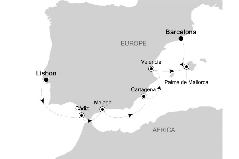 ◆ポルトガルとスペインを巡る地中海クルーズ 7泊8日（リスボン発／バルセロナ着）◆2022年4月1日乗船／1名の料金（2名1室利用の場合） $4,080～【クルーズ情報】クルーズコード：DA220401007客船名：シルバー・ドーンエリア：地中海乗船日/乗船地：2022年04月01日/リスボン下船日/下船地：2022年04月08日/バルセロナ