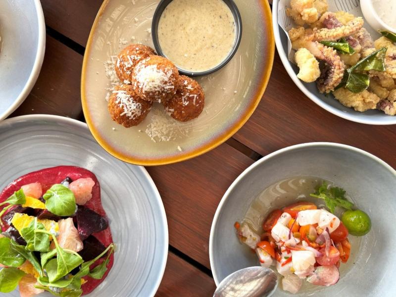 ビーツのサラダ、アランチーニ（ライスコロッケ）のトリュフクリームソース、カラマリ（イカ料理）、セビーチェ（魚介のマリネ）