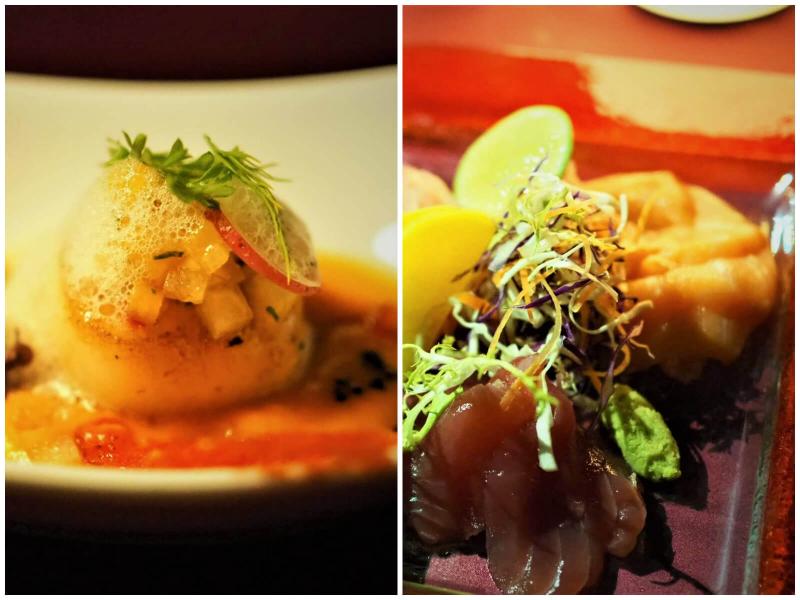 右：ホタテ貝の前菜/左：お刺身