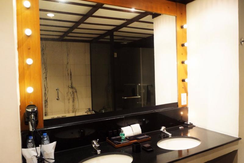 大きな鏡がある洗面ルーム。バスタブ、シャワー室、お手洗いがこのスペースに設けられています