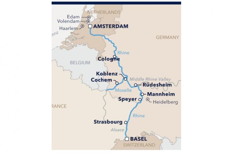 地図下のスイスのバーゼル（BASEL）を出発し、オランダのアムステルダム（AMSTERDAM）着のルートです