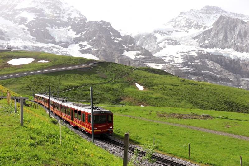 ハイキング中に横を走るユングフラウ鉄道