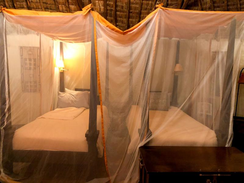 ツインルーム。蚊対策に蚊帳が張られます