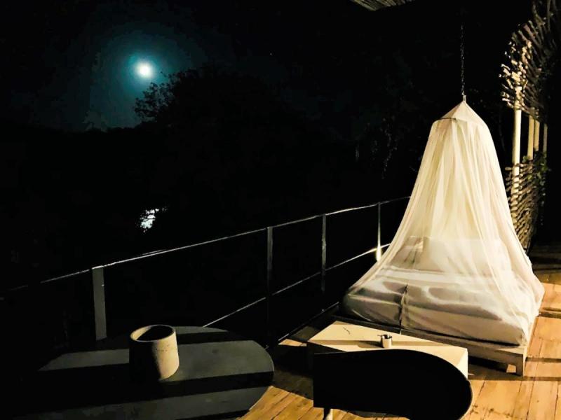 宿泊ロッジに戻ると、サンデッキには、蚊帳がセットされたベッドがありました！ 美しい月と満天の星空の下、屋外のサンデッキで眠りにつく特別な体験が楽しめるのです。