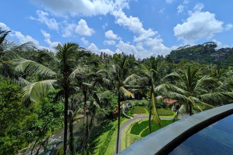 フォーシーズンズ リゾート バリ アット サヤン。ロビーエリアからは、ライステラスとウブドらしい緑豊かな景色を見渡せます