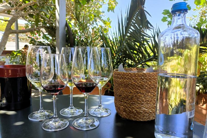 シガラスワイナリーでワイン5種飲み比べをした時の写真です。最後に飲んだデザートワインが最高に美味しく、とても好みでした！サントワインの絶景もいいですが、シガラスワイナリーでのブドウ畑を眺めながら、素敵なお庭でテイスティングできたのが良かったです。