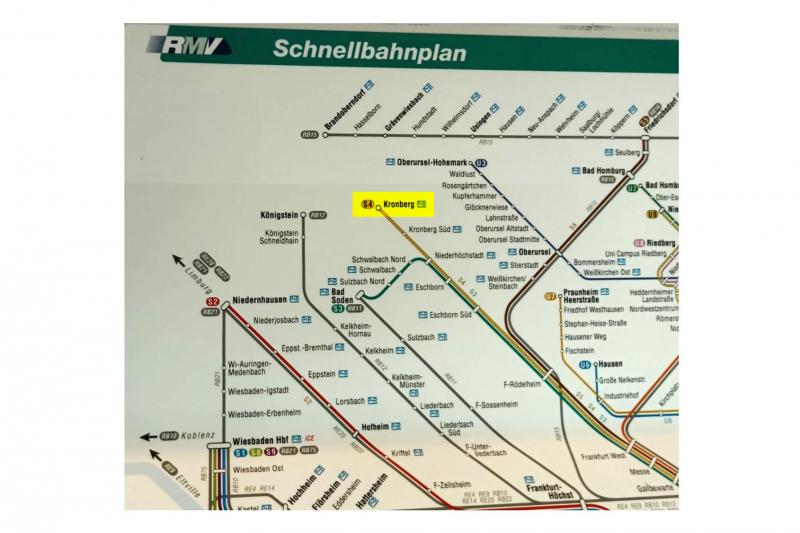 フランクフルト近郊交通マップ（黄色いマーカー部分がクロンベルク駅）