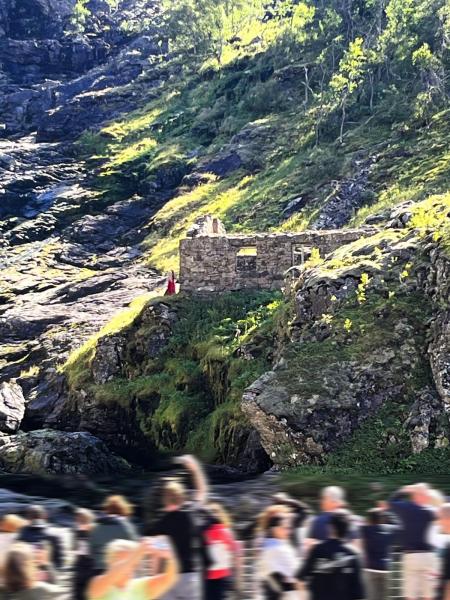 フロム鉄道の停車中・ショースの滝（Kjosfossen）