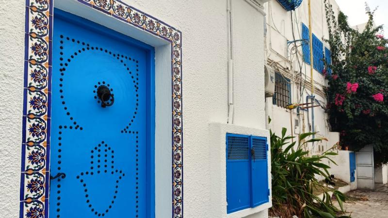 白と青のコントラストが美しい。チュニジアンブルーのドア