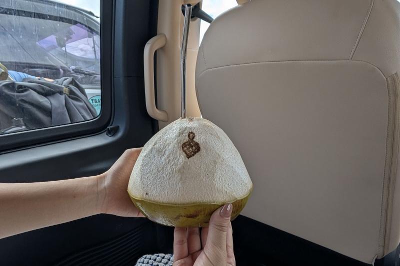 ホテルに向かう車に乗り込むと、ウェルカムドリングのココナッツが出てきて、一気にリゾート気分になりました♪ そして、ナイ パラッド ハイダウェイに到着です。植物と絡まりあったゲートがとてもすてきだったのですが、うっかり撮影し忘れてしまいました。